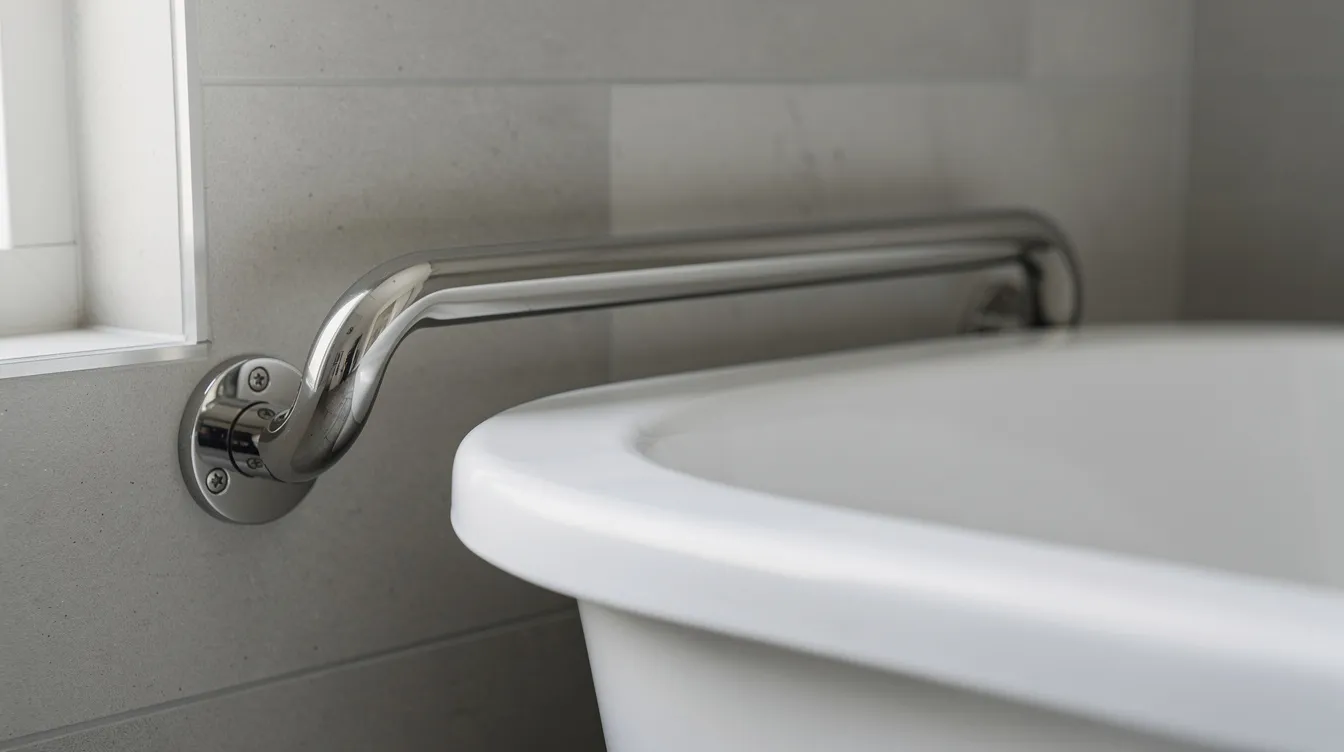 The image features a close-up view of chrome grab bars securely installed beside a bathtub in a clean bathroom, highlighting safety measures for older adults and individuals with medical needs. These grab bars are essential for fall prevention and support daily living activities, ensuring independence and comfort in familiar surroundings.