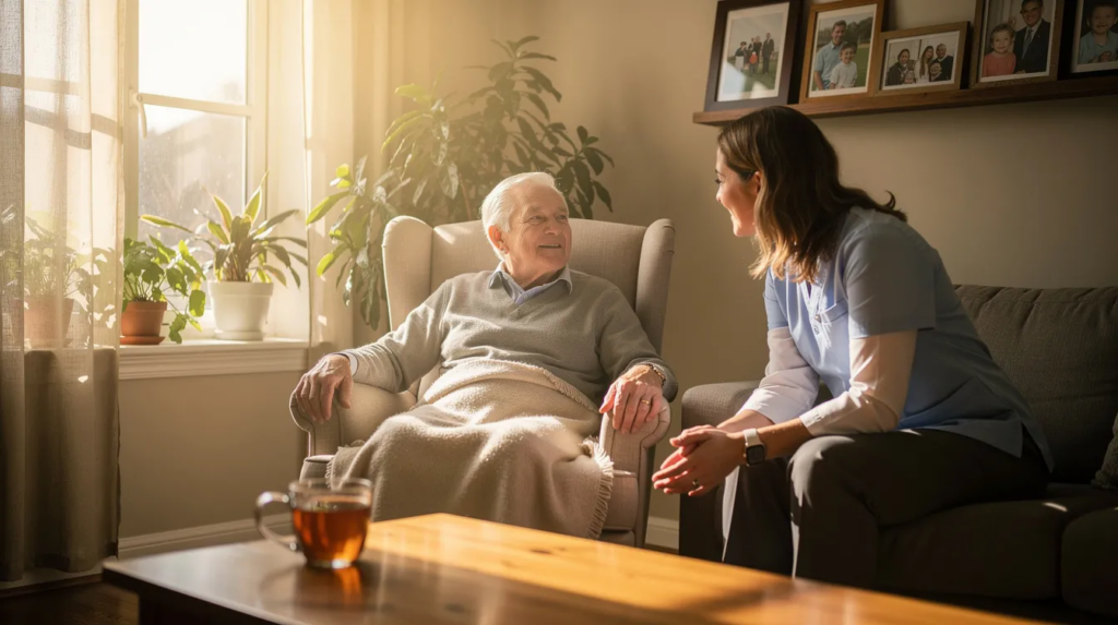 An older adult relaxes in a bright living room while a caregiver provides companionship, illustrating how elderly home care in Chapel Hill/Durham supports emotional well-being and independent living.