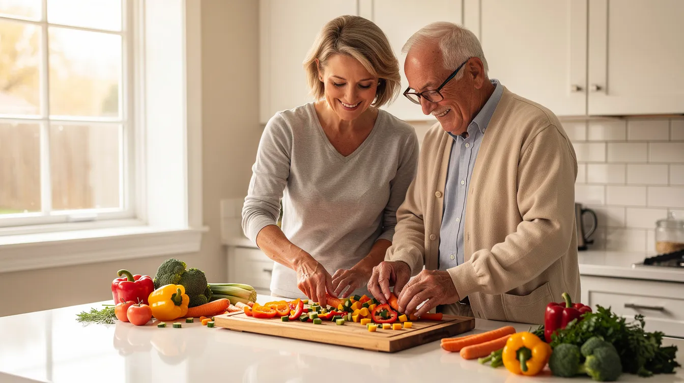 A caregiver and an elderly man are joyfully preparing vegetables together at a bright kitchen counter, highlighting the importance of companionship and daily living assistance in home health care services. This scene reflects the supportive environment that allows older adults to engage in meal preparation while fostering meaningful connections.
