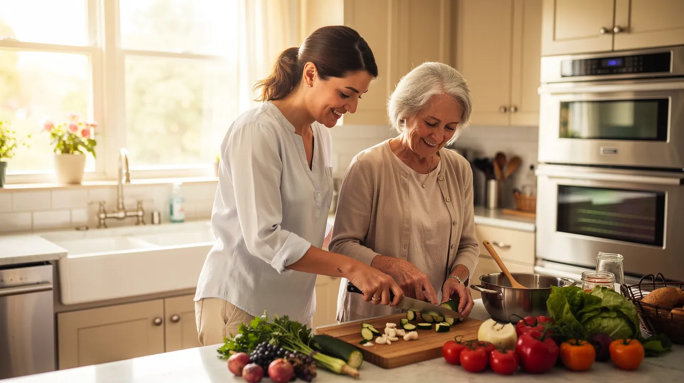 A caregiver helps an older adult prepare a meal, reflecting the daily support that pairs well with a dementia caregiver support group for extra connection.