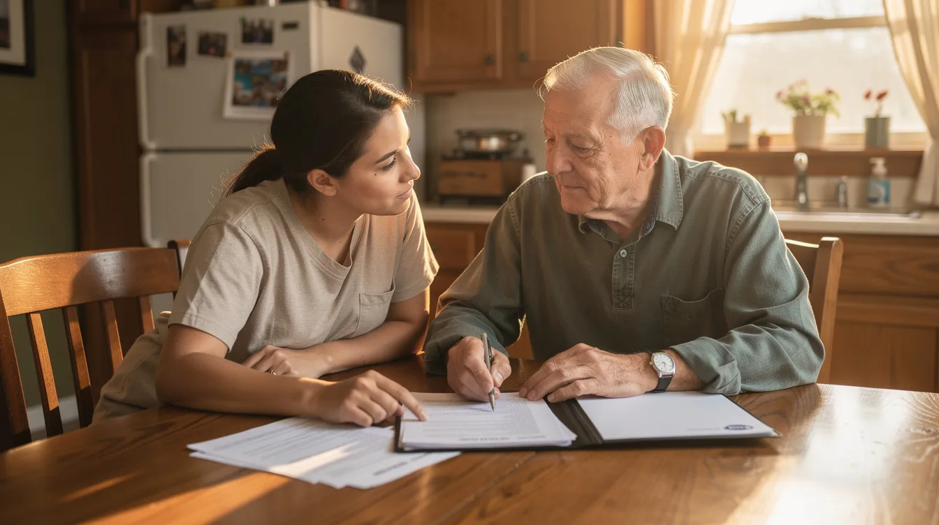 A family caregiver and an older veteran review paperwork together at a kitchen table, reflecting how the VA Caregivers Program supports families navigating VA benefits.