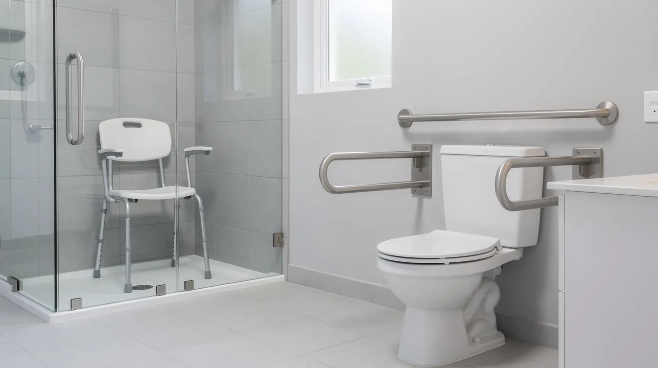 A bathroom fitted with grab bars and a shower chair, showing a home safety setup used in post-surgery home care to improve mobility and prevent falls.