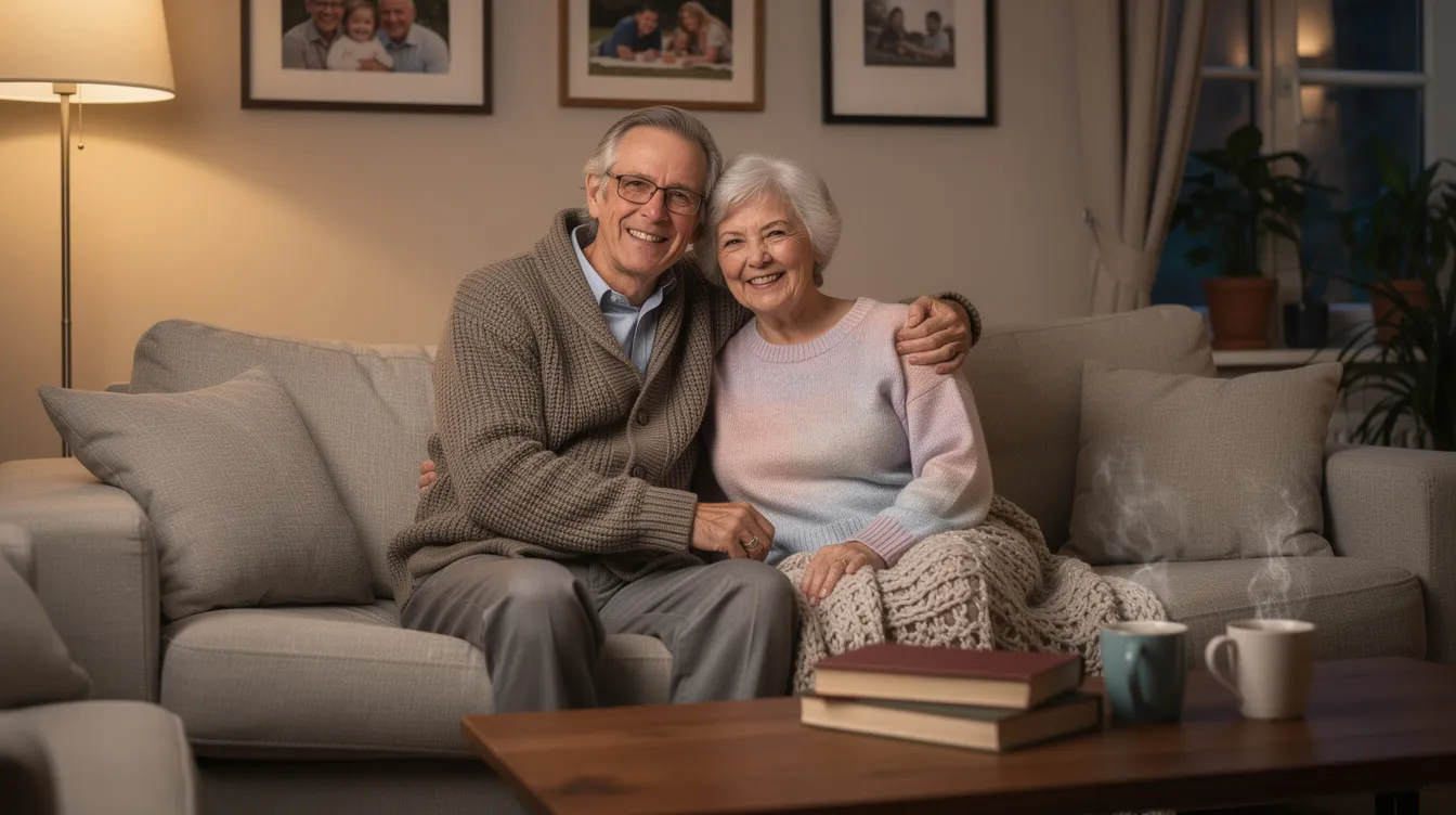 An older couple relaxes together on their living room couch, illustrating how the cost of in-home senior care supports comfortable living at home.