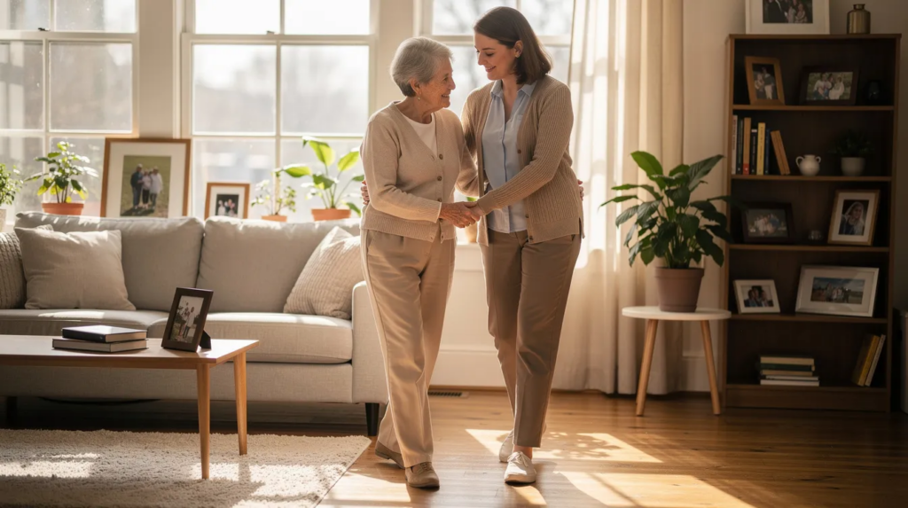 A Care Professional assists an older adult walking in a sunlit living room, illustrating the non-medical support side of home health vs home care.