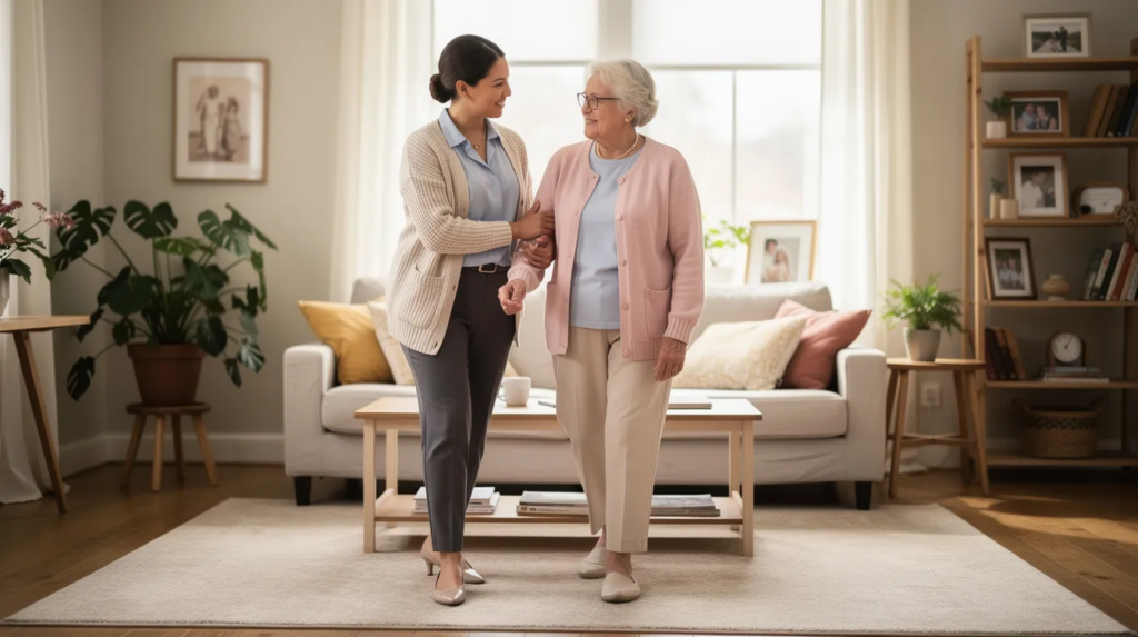 A Care Professional assists an aging woman walking at home, illustrating the non-medical support families ask about when wondering does Medicare pay for home care.