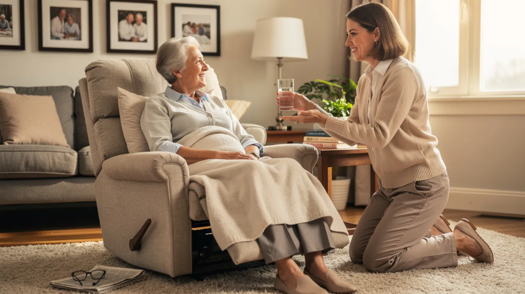An older adult rests comfortably in a recliner while a caregiver offers a glass of water, illustrating post-surgery home care and calm, dignified recovery support.