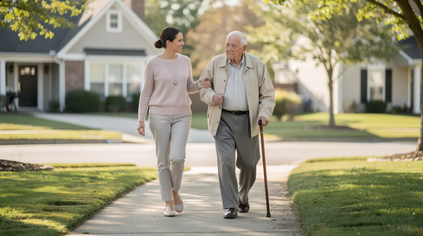 A care professional walks alongside an older veteran using a cane, showing the companionship support families can arrange through the va caregivers program.