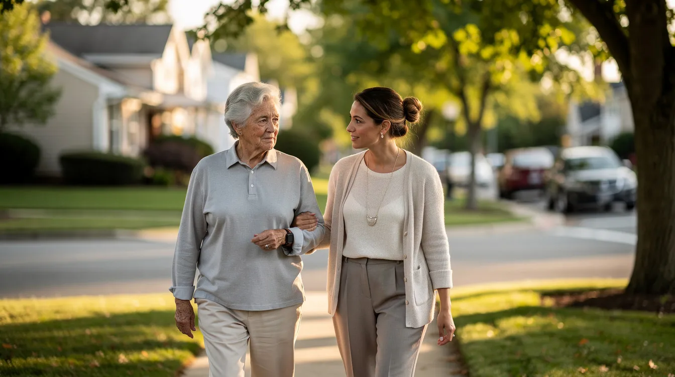 An aging adult and care professional walk together along a tree-lined sidewalk, showing the companionship support that complements a dementia caregiver support group.
