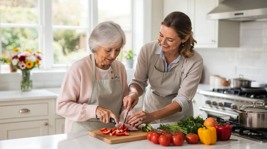 A caregiver assists an older woman in a bright home kitchen, reflecting the cost of in-home senior care through personalized daily support and meal preparation.