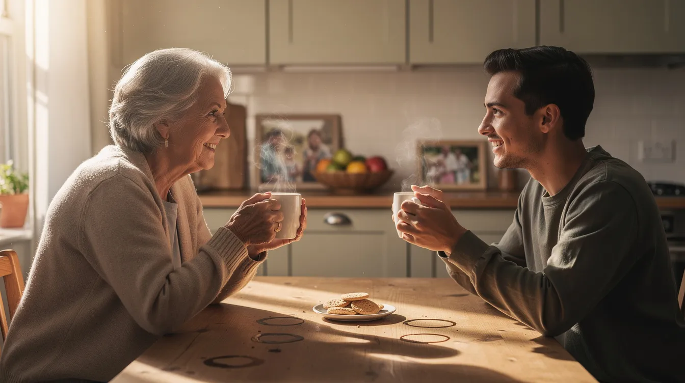 A family member and their loved one share coffee at the kitchen table, reflecting the emotional support families provide during post-surgery home care.