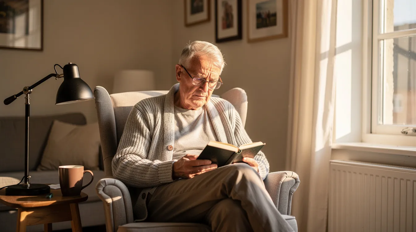 An elderly man reads by a window at home, representing the peaceful independence families seek when researching does medicare pay for home care.