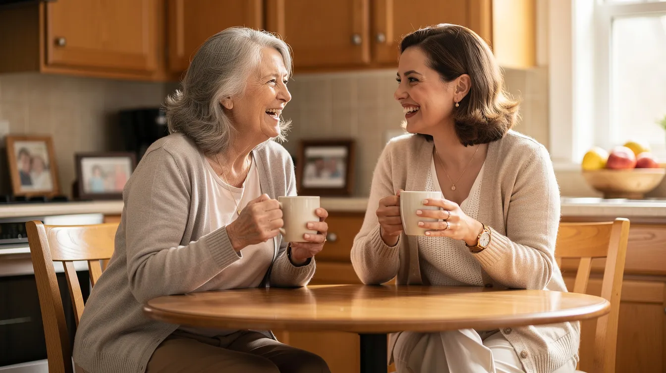 An older woman and a care professional share coffee at a kitchen table, showing the companionship side of the home health vs home care comparison.