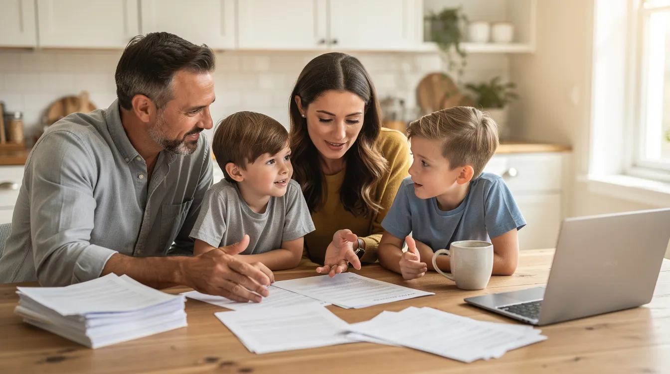 A family reviews documents at the kitchen table, reflecting the research families do to answer does medicare pay for home care.
