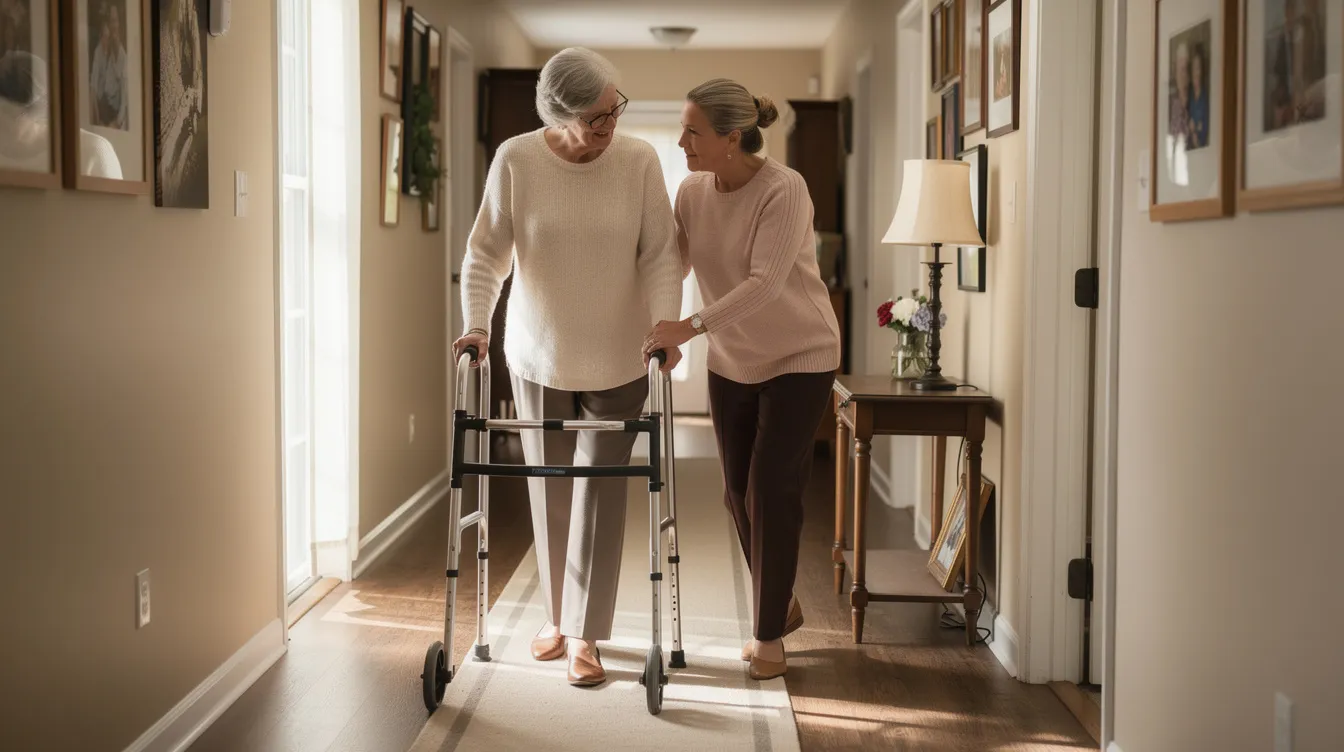 A care professional assists an older adult using a walker down a hallway, demonstrating post-surgery home care and mobility support during recovery.