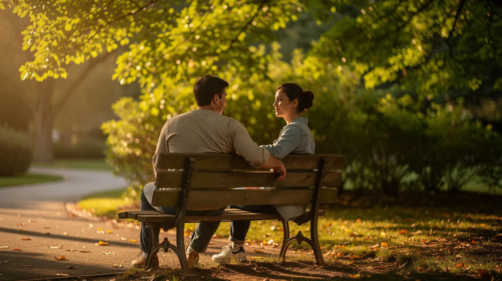 Two family caregivers sit together on a park bench in quiet conversation, reflecting the connection a dementia caregiver support group can offer.