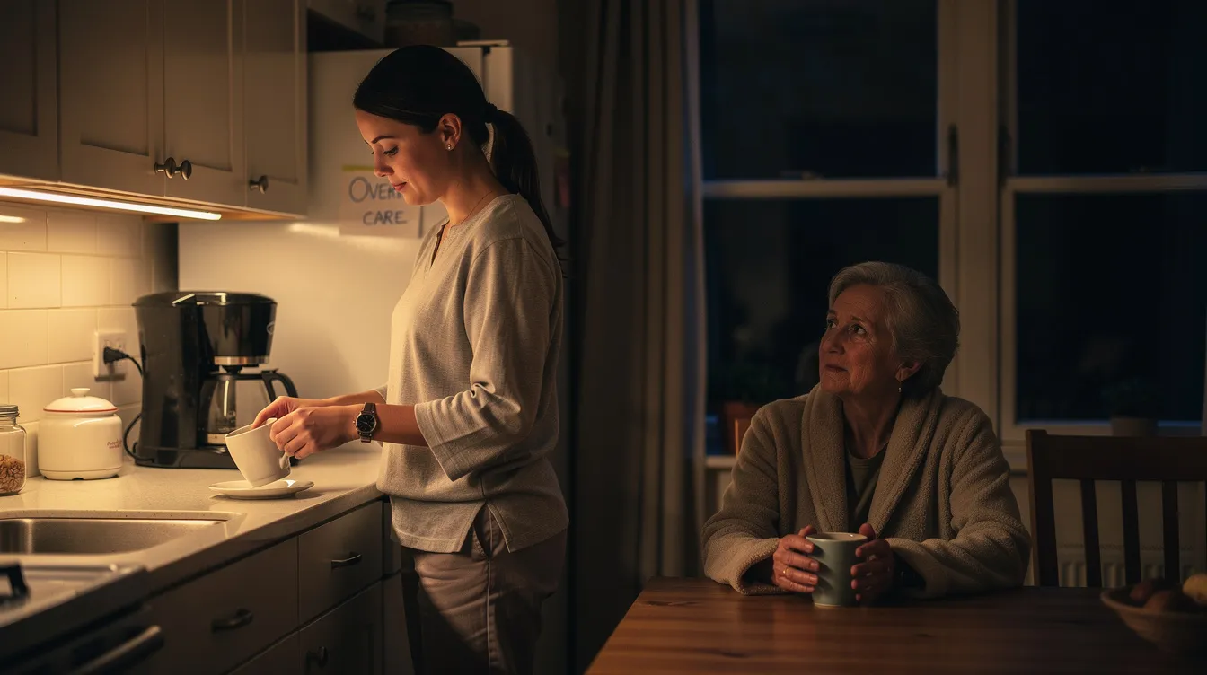 A Care Professional in casual clothing prepares a cup of tea in a warmly lit kitchen, while an aging woman sits at the breakfast table, illustrating the cost of overnight senior care and the comfort this kind of overnight in-home support can offer. This scene reflects the importance of personalized care plans and the companionship that many families seek for their loved ones.