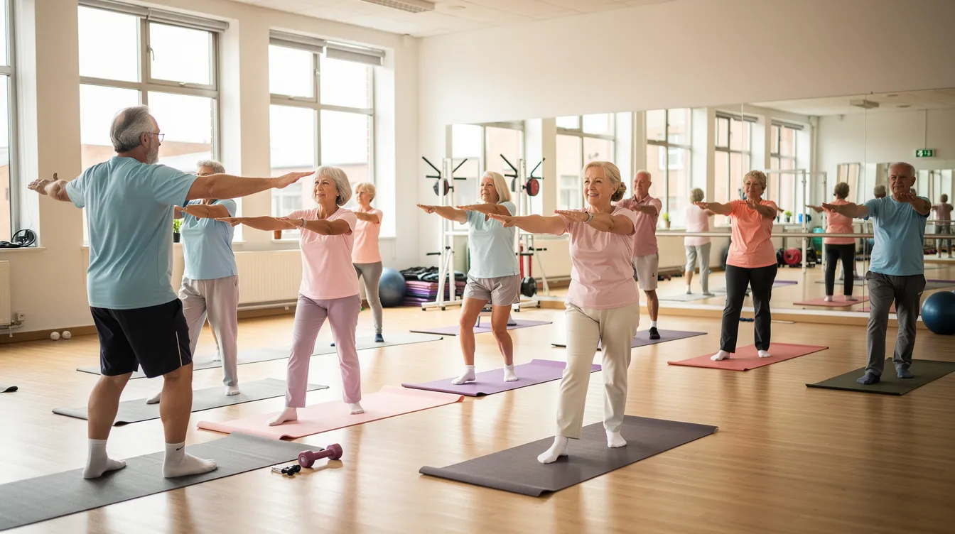 A small group of older adults is engaged in a gentle exercise class at a community center gym, promoting their physical health and social connection. This activity exemplifies the importance of personal care services and recreational activities for aging adults.