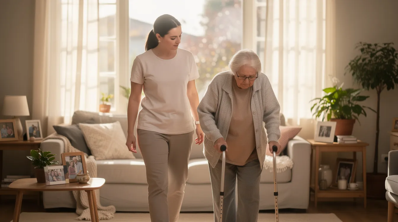 A Care Professional in casual clothing supports an aging woman with a cane as they walk through a sunlit living room, illustrating personal care for seniors at home and promoting independence for older adults. The warm atmosphere highlights the importance of skilled care and companionship in daily living.