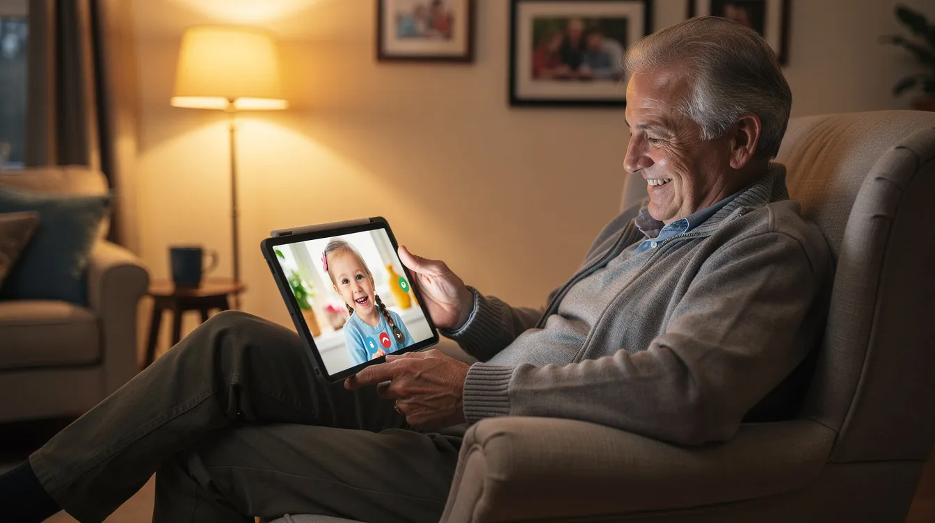 An aging man sits comfortably in a chair at home, smiling as he engages in a video call with his granddaughter on a tablet, highlighting the importance of maintaining social connections to combat loneliness in older adults. This everyday moment of connection reflects the emotional support that can enhance the mental health of elderly parents and strengthen family bonds across generations.