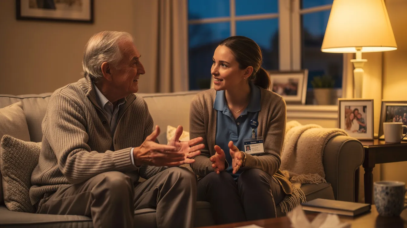An aging man and a Care Professional in casual clothing share a warm conversation in a cozy living room, illuminated by soft lamplight as dusk settles outside. This scene highlights the companionship and support provided through 24-hour in-home care, ensuring that older adults receive the personal care and emotional support they need in the comfort of their own home.