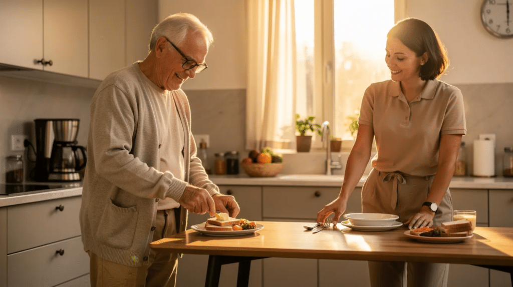An aging man is seen at his kitchen counter preparing breakfast, while a Care Professional in casual attire sets dishes on a nearby table, highlighting the importance of in-home care services for seniors. The warm morning light illuminates the scene, showcasing the collaborative effort that allows older adults to actively participate in daily living activities at home.