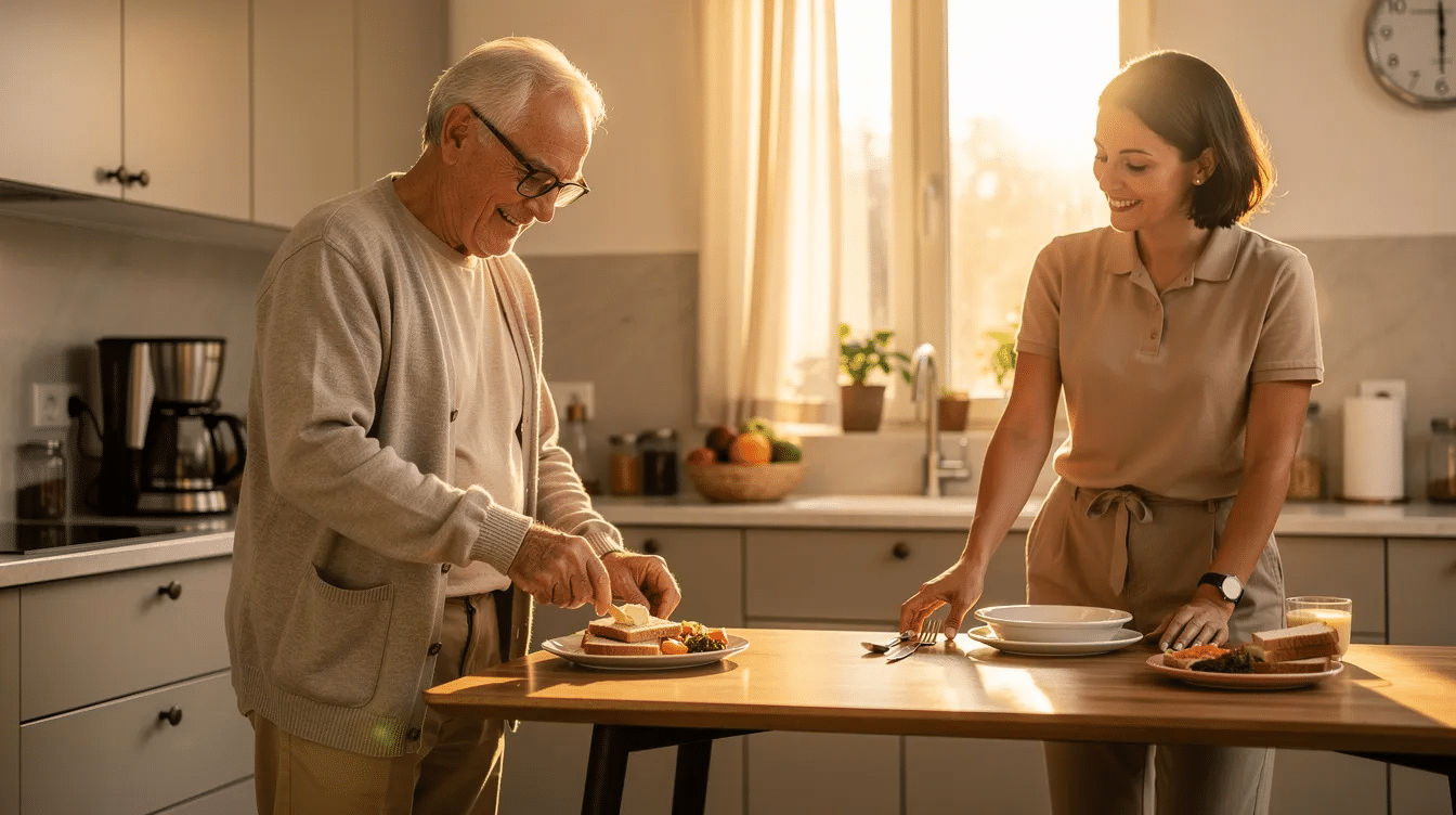 An aging man is seen at his kitchen counter preparing breakfast, while a Care Professional in casual attire sets dishes on a nearby table, highlighting the importance of in-home care services for seniors. The warm morning light illuminates the scene, showcasing the collaborative effort that allows older adults to actively participate in daily living activities at home.
