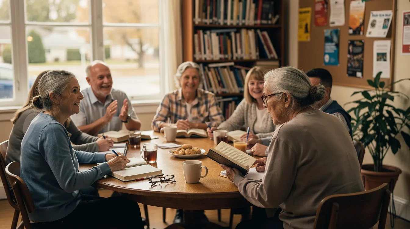 An aging woman is engaged in a lively discussion at a community book club, surrounded by several other adults in a welcoming neighborhood setting. This scene highlights the importance of social interaction and meaningful connections for older adults, reflecting how such activities can combat loneliness and support their emotional health.