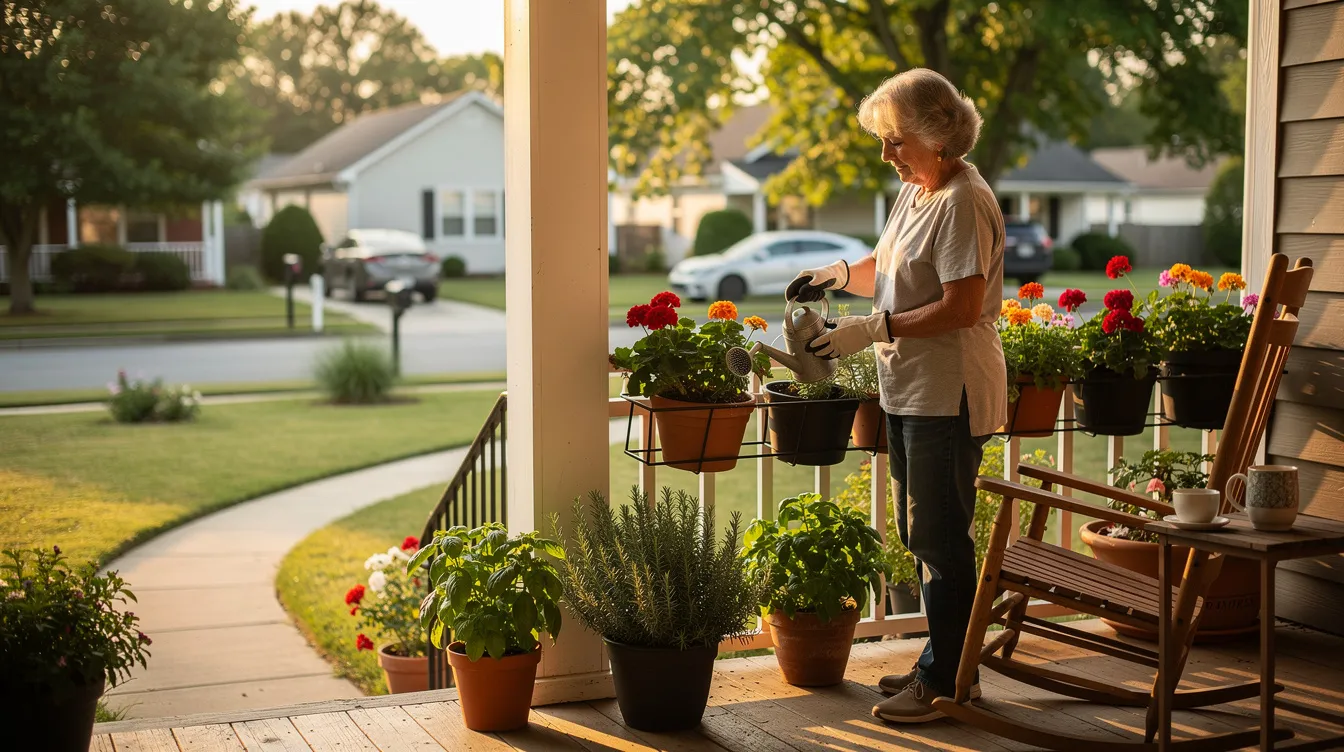 An elderly woman is nurturing potted herbs and flowers on her porch, surrounded by a peaceful residential neighborhood on a lovely morning. This scene captures the essence of Medicaid home care and community-based services, and the independence that many North Carolina families aspire to maintain as their care needs evolve.