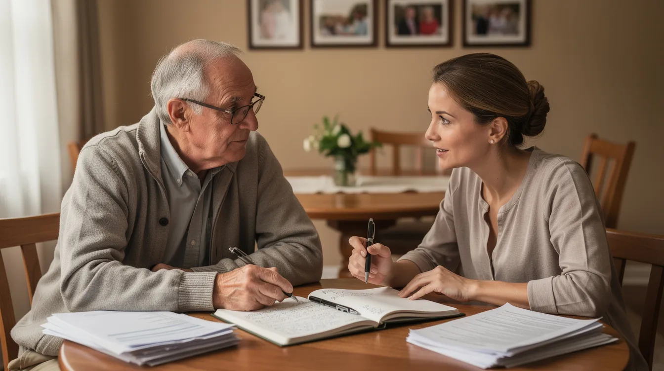 An adult daughter and her aging father are engaged in a meaningful conversation at a dining table, surrounded by a notebook and organized papers, discussing future care needs. This scene reflects the practical planning families undertake for 24-hour in-home care, emphasizing the importance of family caregivers in providing continuous support for their loved ones.