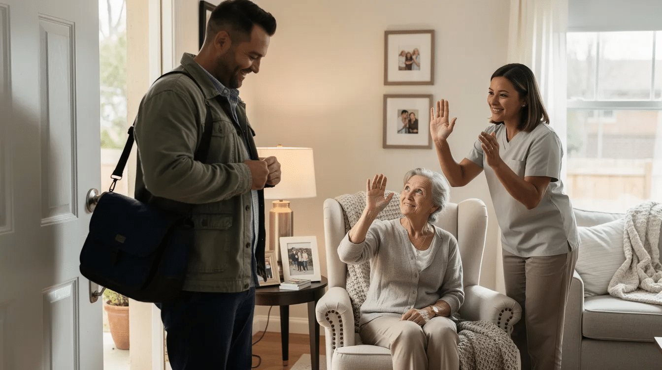 A son is seen putting on his jacket by the front door while his aging mother and a care professional wave goodbye from inside the home, illustrating the importance of respite care for family caregivers. The scene highlights how in-home care services for seniors allow loved ones to take time away while ensuring familiar routines and personalized care continue.