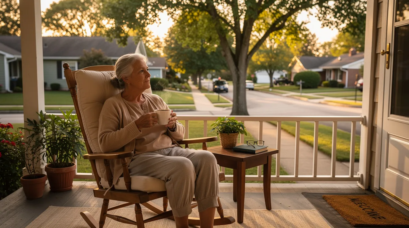 An aging woman sits peacefully on her front porch, savoring a cup of coffee as she enjoys the view of a tree-lined neighborhood. This serene moment highlights the importance of considering various senior care options, such as in-home care and assisted living facilities, while reflecting on monthly costs and the emotional well-being of loved ones.