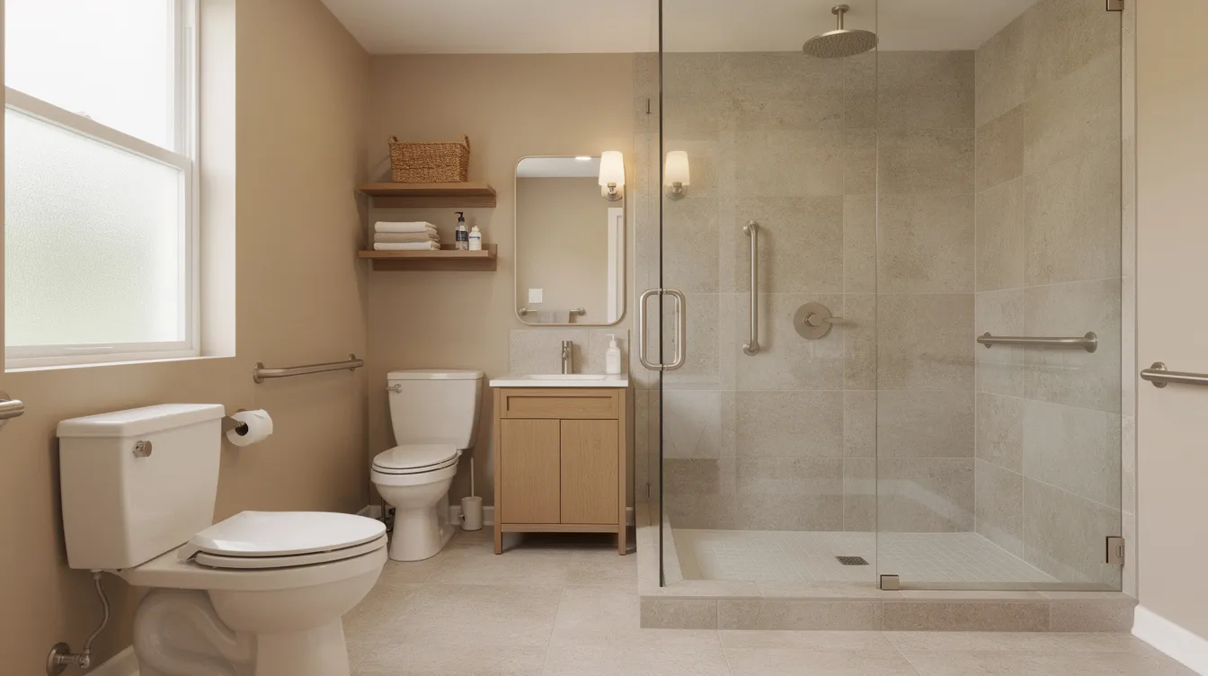 The image depicts a warm and inviting residential bathroom designed for aging adults, featuring natural light, soft neutral finishes, and a modern walk-in shower. Thoughtfully integrated grab bars beside the shower and toilet enhance home safety and support the independence of older adults in their daily living routines.