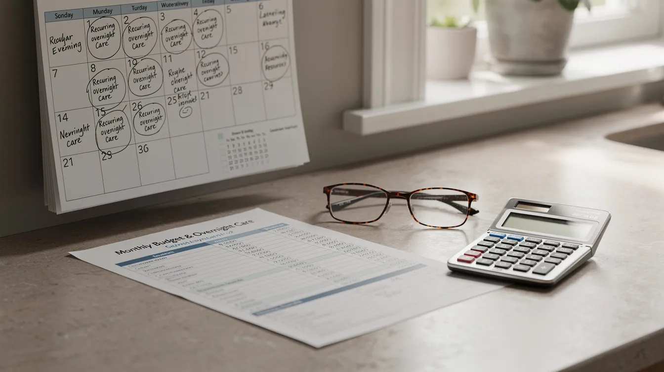 A close-up view of a kitchen counter displays a wall calendar with several evenings marked for overnight care, accompanied by a household budget sheet, reading glasses, and a calculator. This organized scene highlights how many families can plan for monthly costs related to in home care and financial resources for their loved one's well being.
