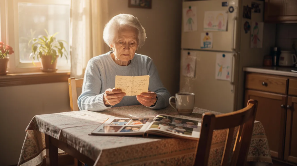 An aging woman sits alone at a small kitchen table in the late afternoon, holding a handwritten card while a mug of tea and an open photo album sit nearby. The soft light from the window highlights the peaceful yet reflective atmosphere, subtly conveying signs of loneliness in an aging parent and the importance of maintaining meaningful social connections for emotional health.