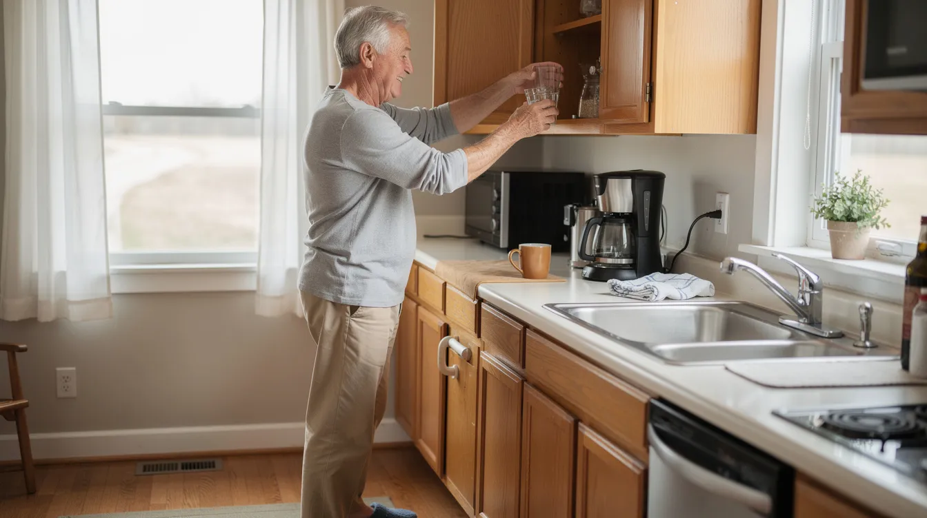 An aging man is seen comfortably navigating his kitchen during a typical morning routine, placing a drinking glass into a cabinet while using the counter for support. This scene highlights the importance of community-based services and personal care services in assessing the mobility needs of aging adults at home.