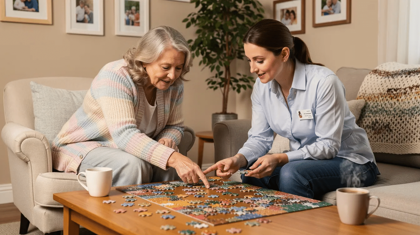 An aging woman and a care professional are engaged in a colorful jigsaw puzzle at a coffee table in a cozy home setting, highlighting the companionship and shared activities that companion care services provide for older adults. This image reflects the meaningful interactions and supportive environment that in home care services can foster for seniors and their families.