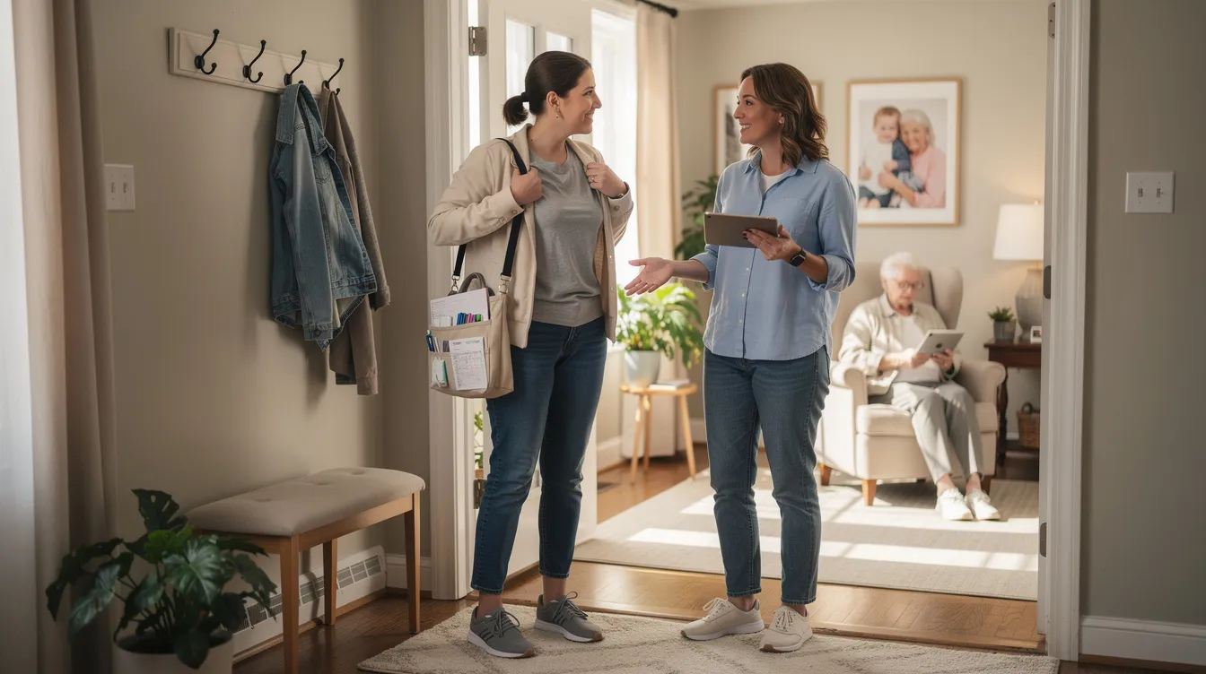 Two care professionals in casual clothing converse in the entryway of an aging adult's home, while the senior comfortably engages in daily activities in the background. This scene highlights the structured shift changes essential for providing continuous 24-hour in-home care, ensuring that loved ones receive the support they need.